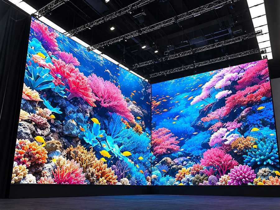 Creative LED sphere and shaped screens in a dark showroom