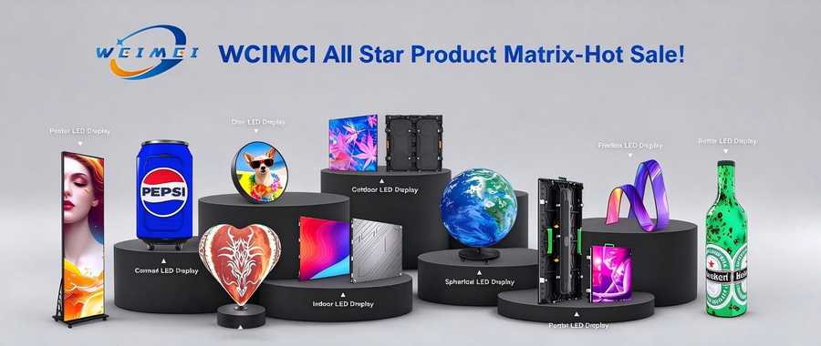 WCIMCI shaped LED display range — spheres, cans, bottles, poster and fine-pitch screens